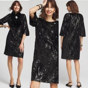 NWT Chico's Black Sequin Bell-Sleeve Dress